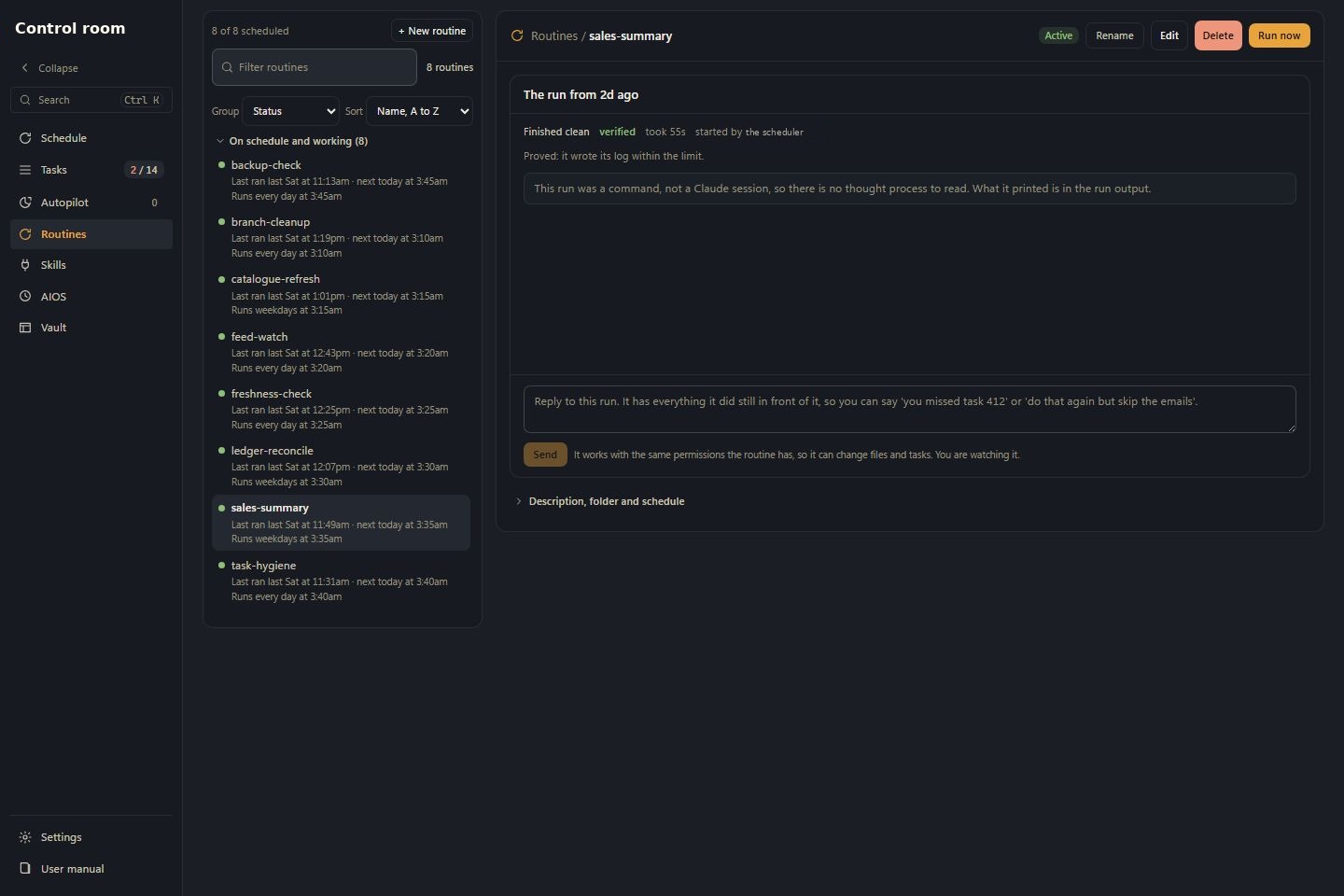 Routines screen.
