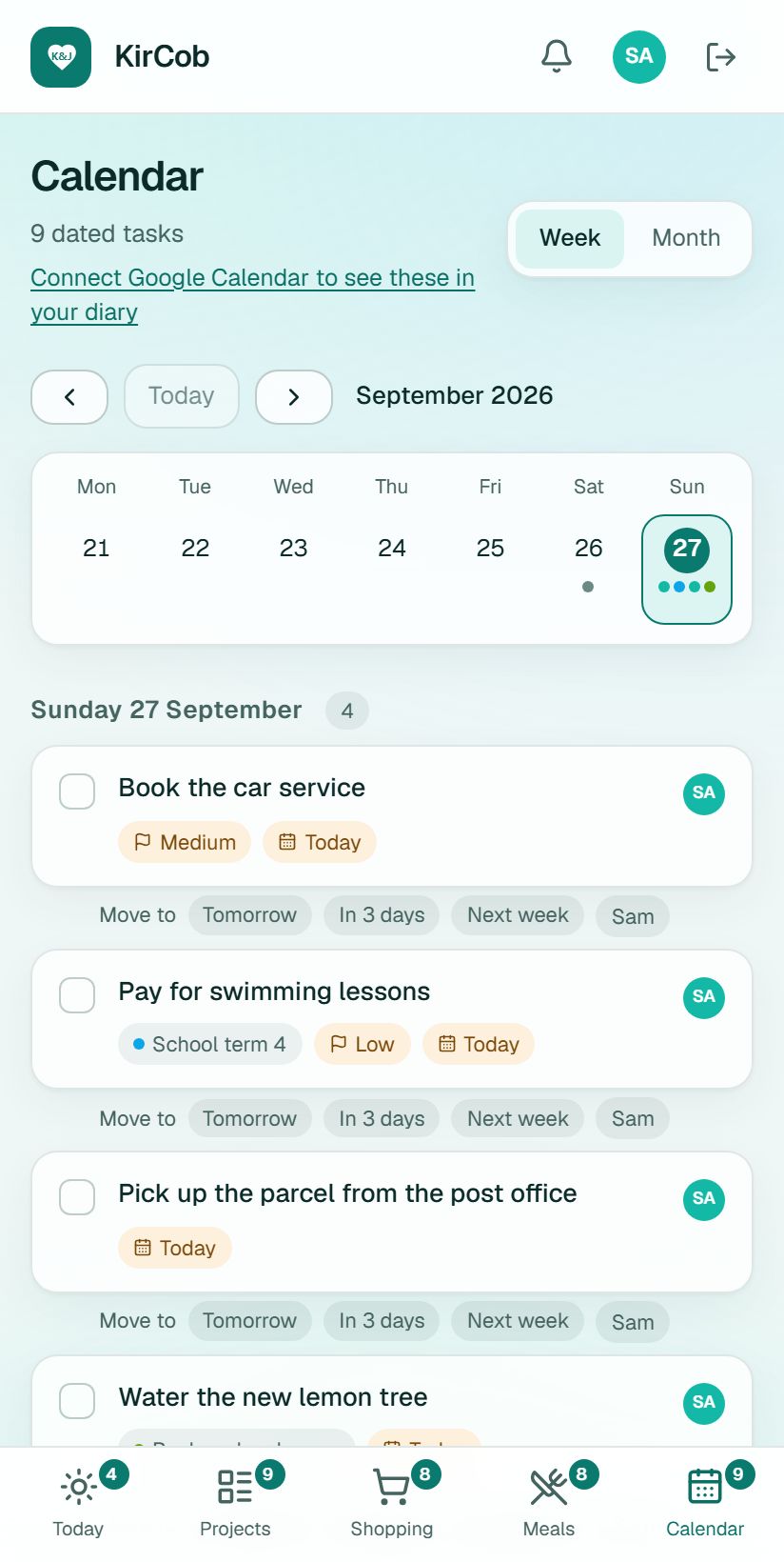 Calendar screen.