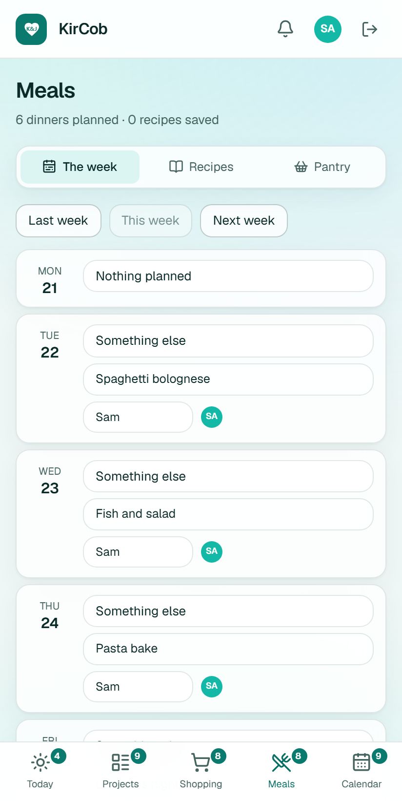 Meals screen.