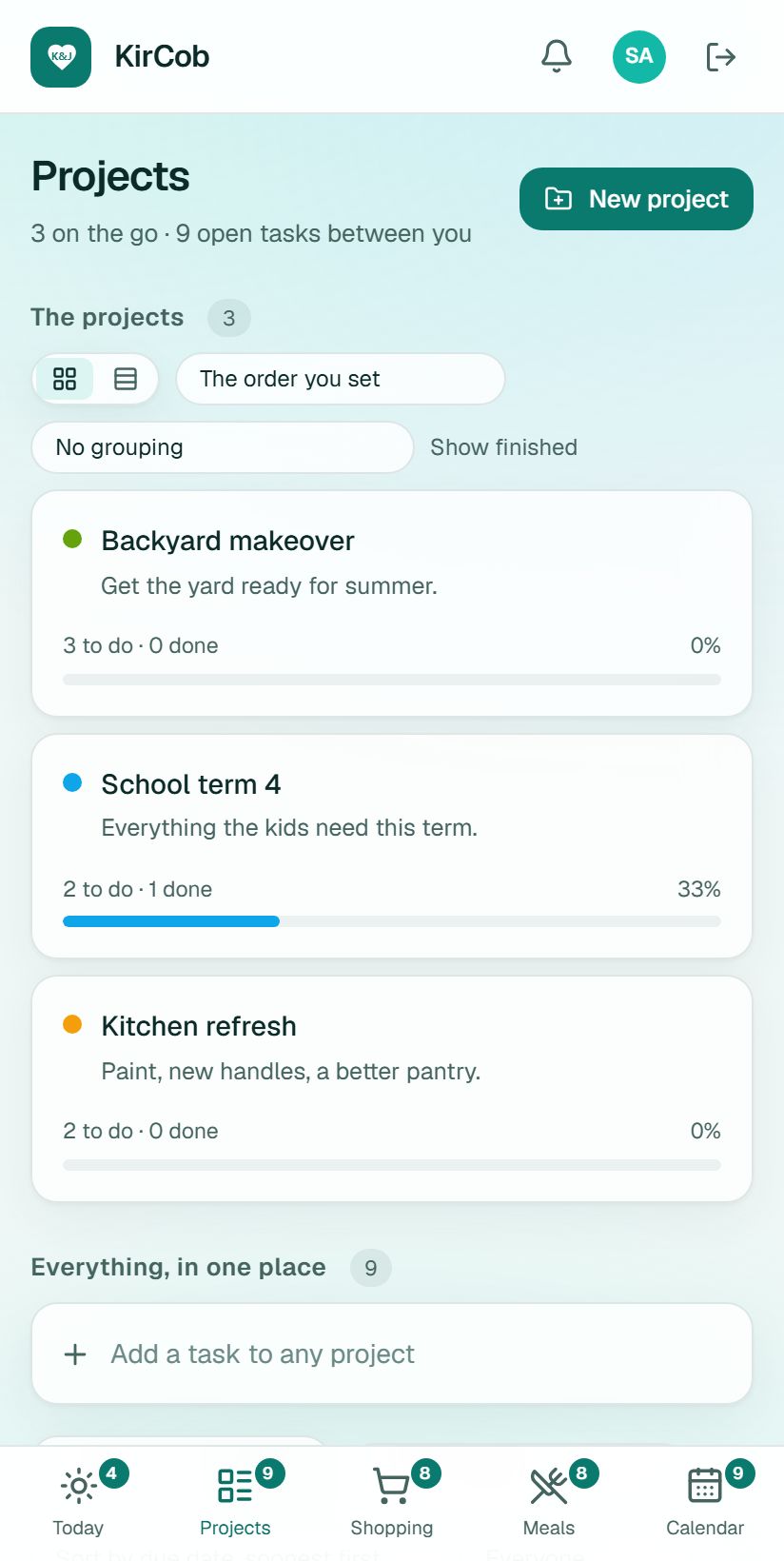 Projects screen.