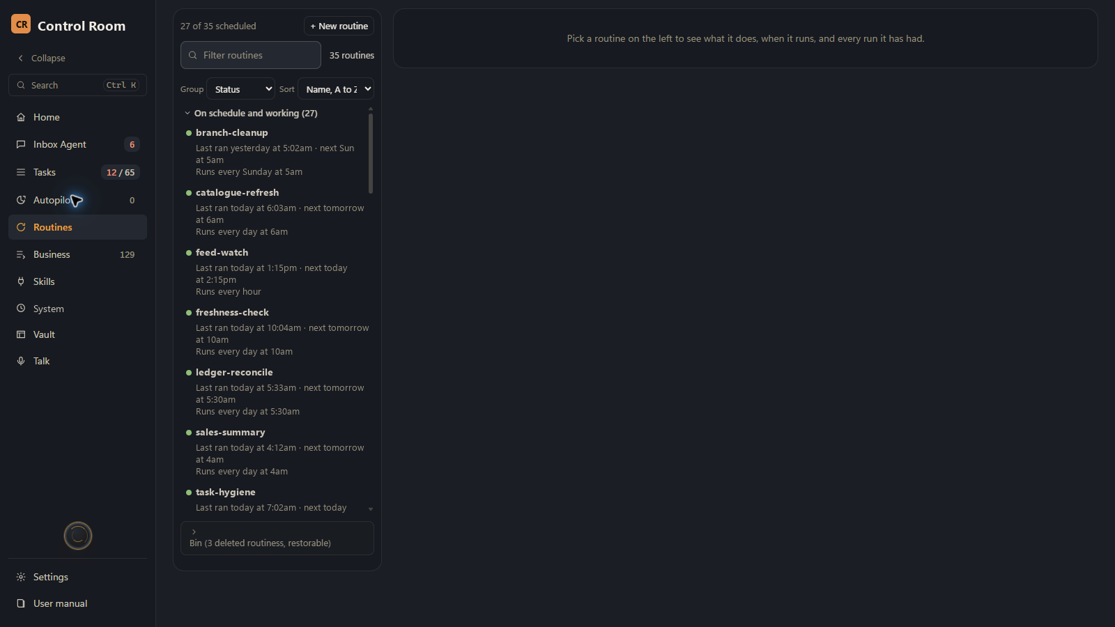 Scheduled routines. Demonstration data.