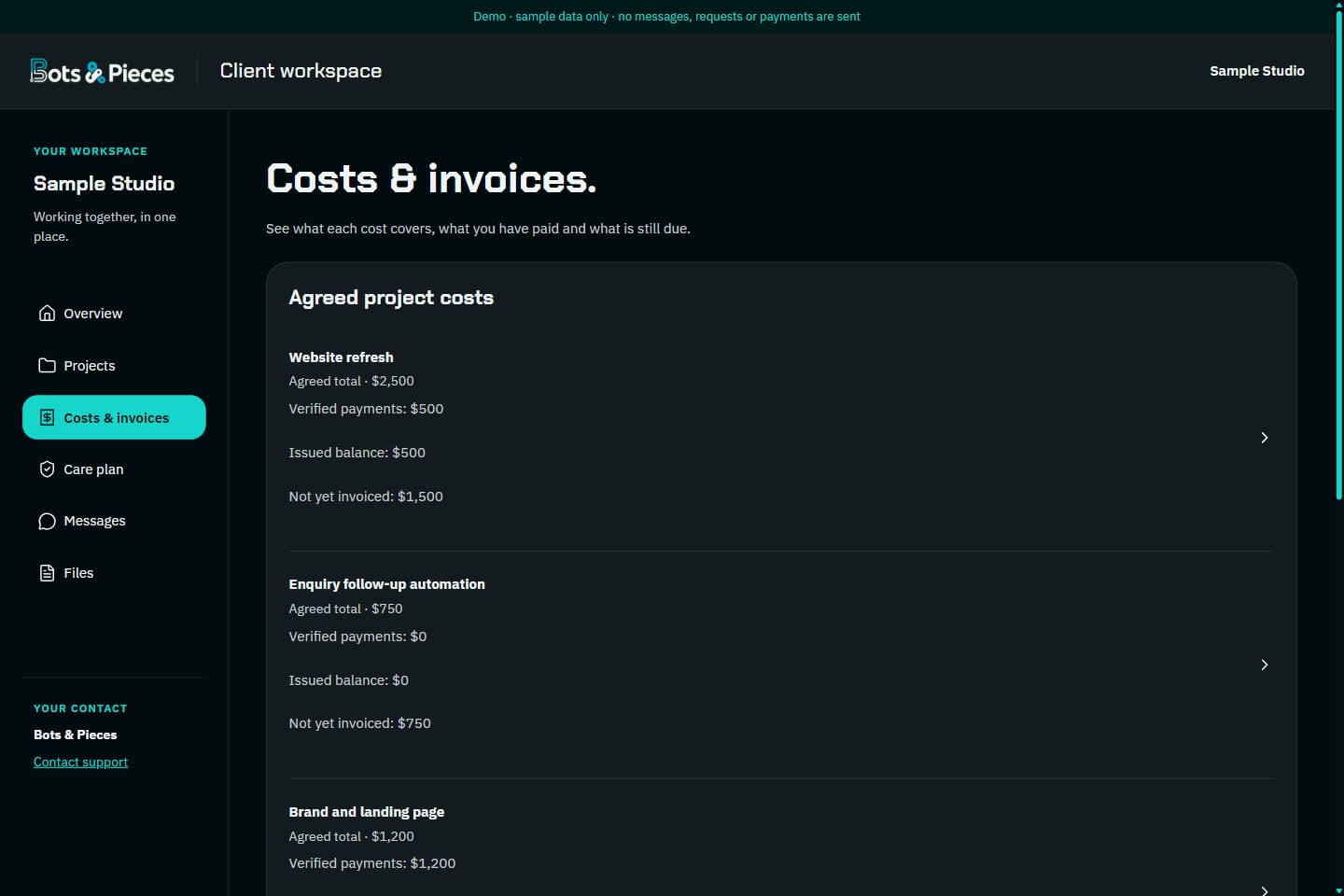 Costs and invoices. Demonstration data.